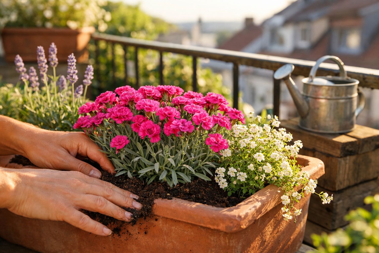 Mãos a cuidar de flores rosas, brancas e lilases num vaso de barro num terraço ensolarado.