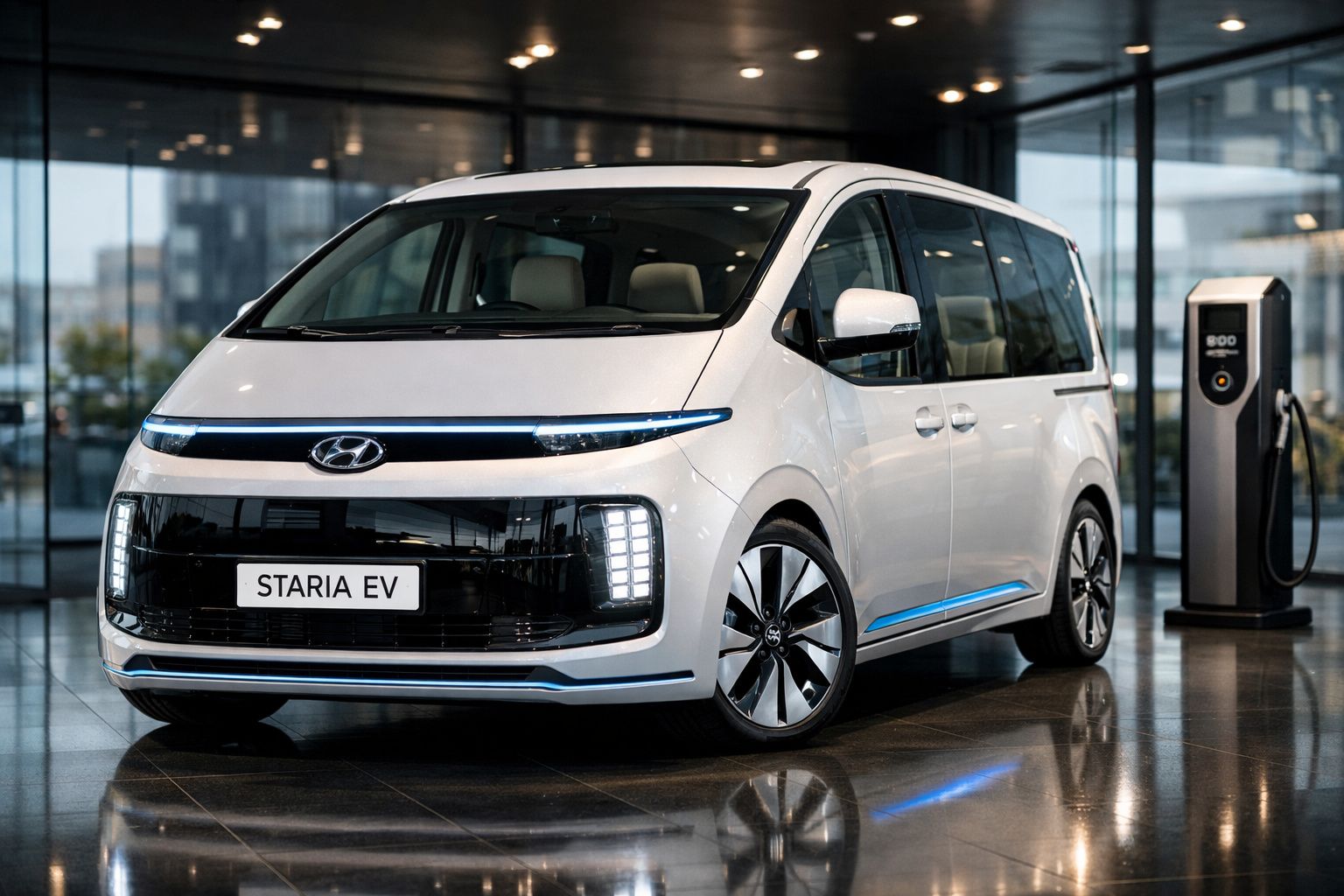 Carro elétrico Hyundai Staria EV branco estacionado em salão moderno ao lado de posto de carregamento.