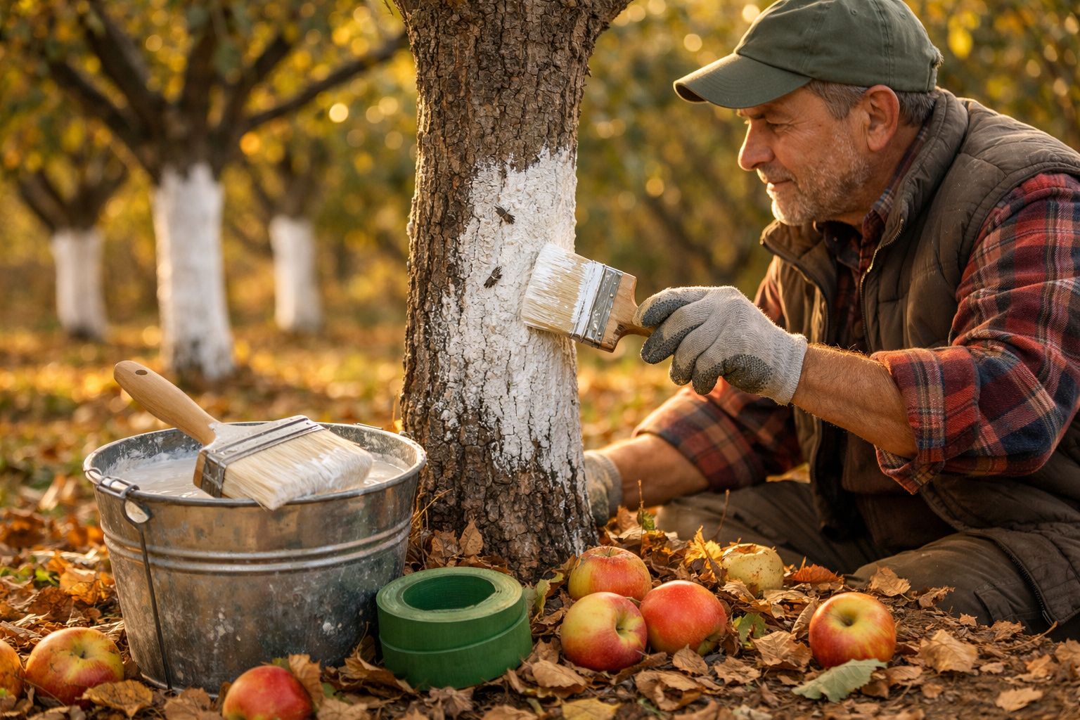 Homem pinta tronco de árvore com pincel em pomar, rodeado de maçãs caídas no chão coberto de folhas.