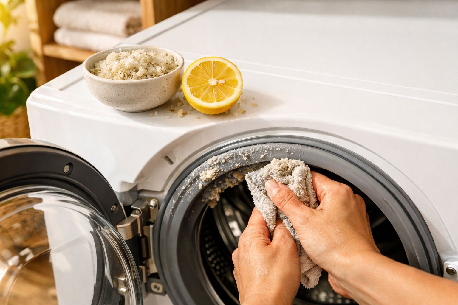 Mãos a limpar a borracha da porta da máquina de lavar roupa com uma esponja húmida e sal grosso e limão por cima.