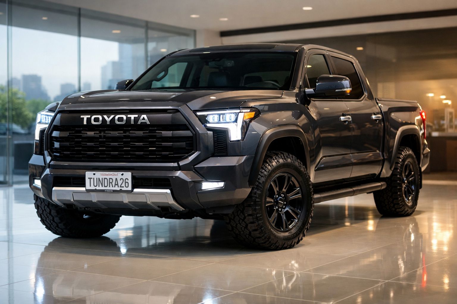 Pick-up Toyota Tundra cinzenta, com faróis acesos, estacionada em espaço interior moderno e iluminado.