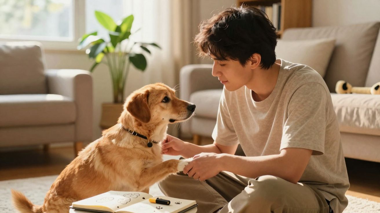 Jovem sentado no chão a treinar um cão castanho claro numa sala iluminada e confortável.