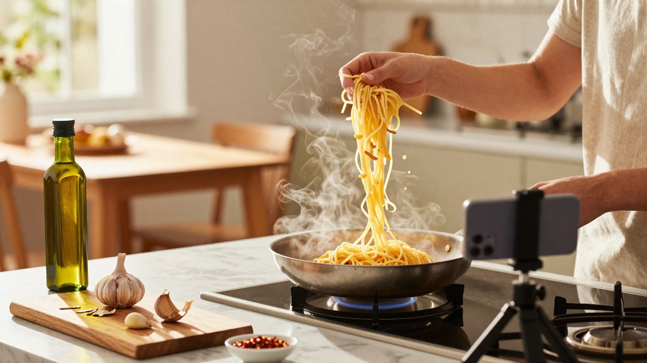 Pessoa a cozinhar esparguete numa frigideira com vapor, ao lado de garrafa de azeite e alho numa cozinha iluminada.