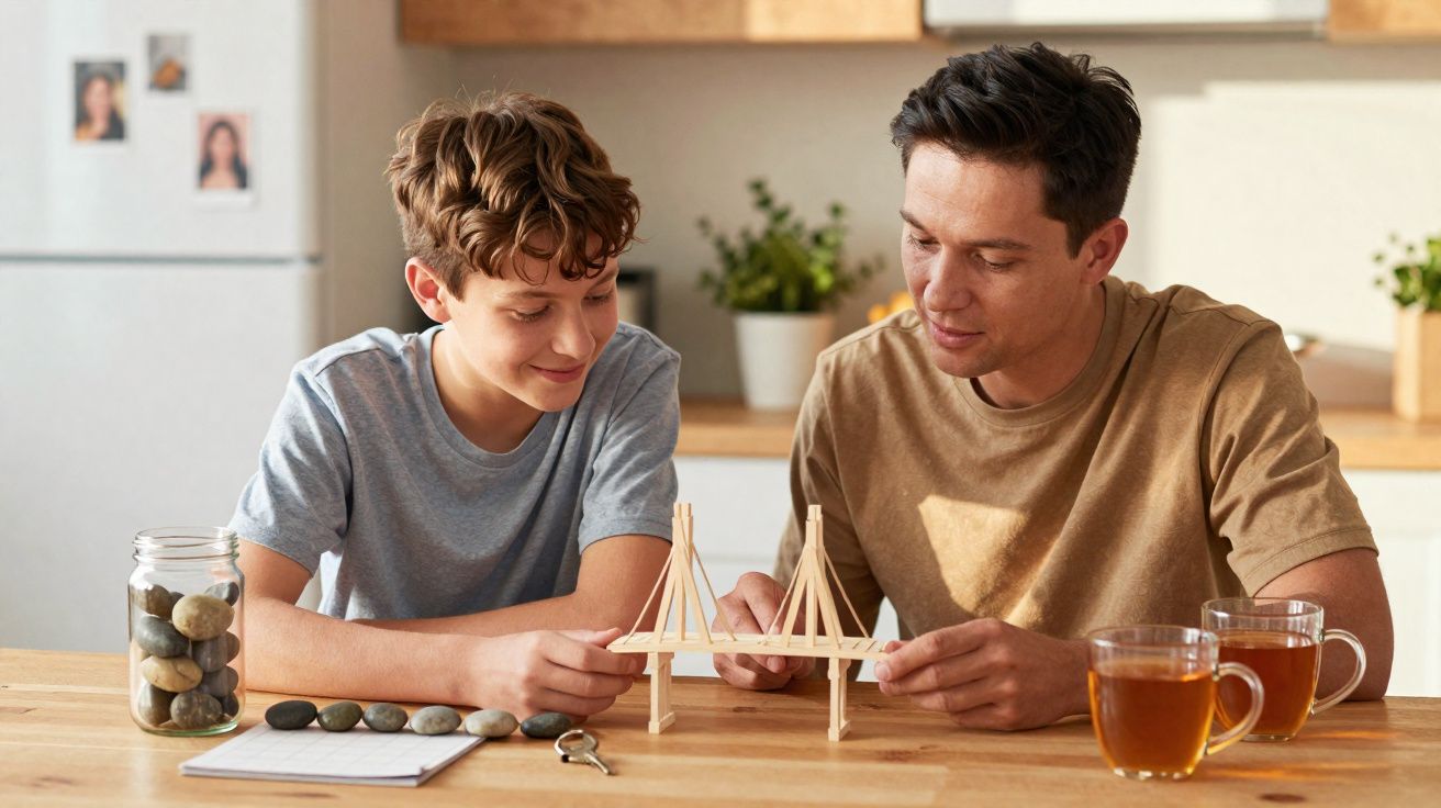 Pai e filho constroem uma ponte de madeira juntos à mesa na cozinha, com chá e pedras ao lado.