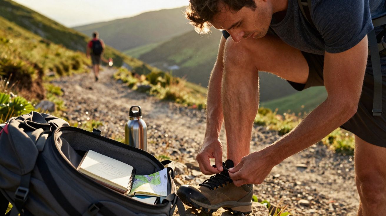 Homem a apertar bota de caminhada numa trilha de montanha com mochila aberta e outro caminhante ao fundo.