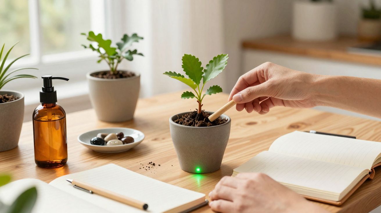 Mãos a cuidar de planta em vaso cinza com dispositivo inteligente verde numa mesa de madeira com livros abertos.