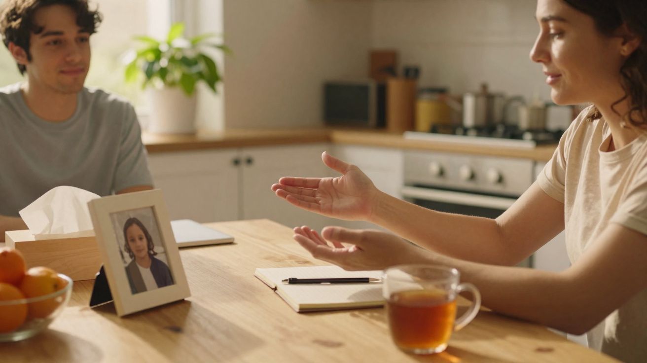 Duas pessoas a conversarem junto a uma mesa de cozinha com chá, fotografias e fruta.