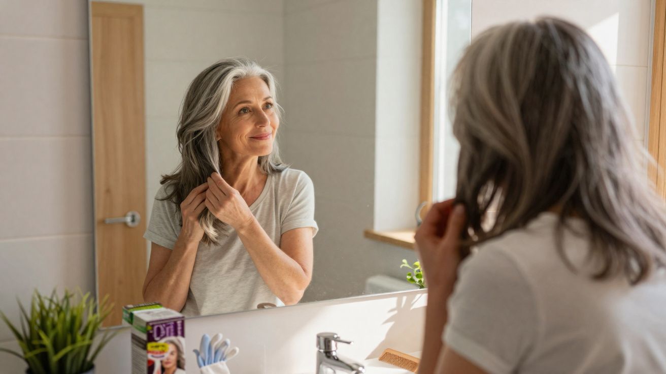 Mulher idosa sorridente a cuidar do cabelo cinzento numa casa de banho luminosa com espelho grande.