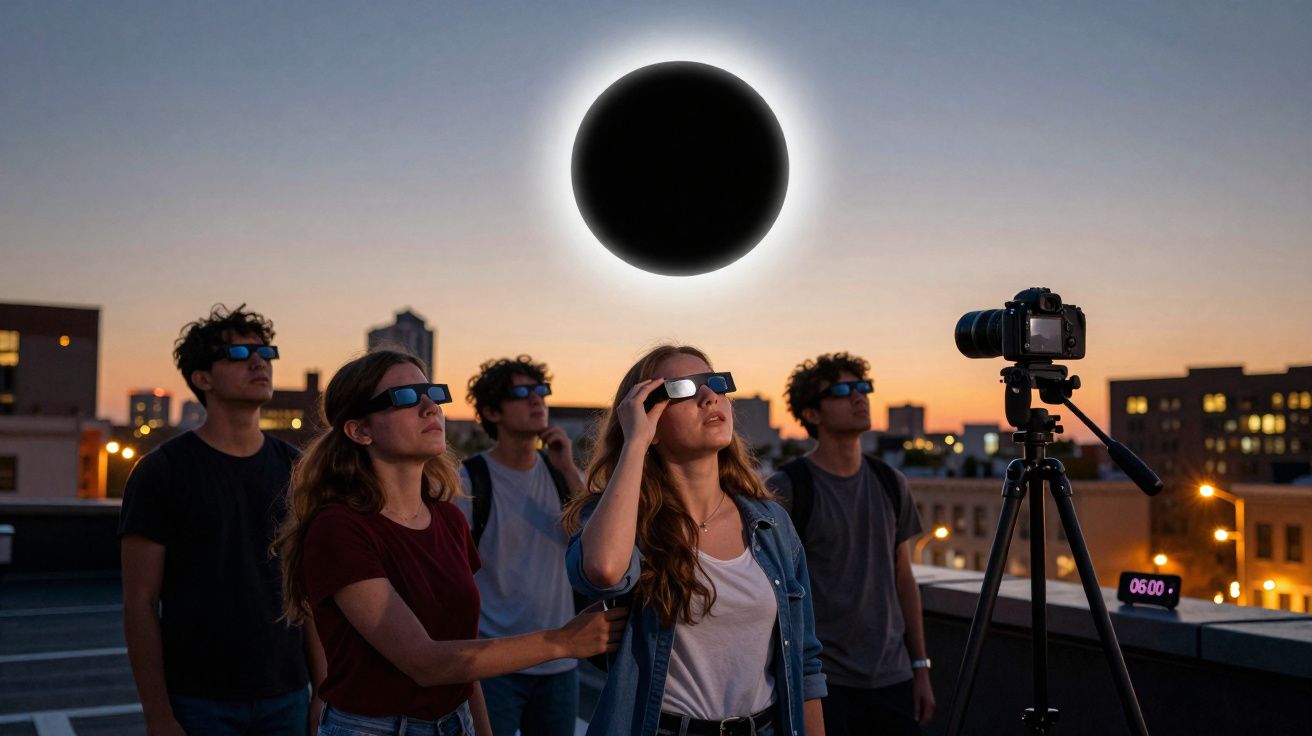 Grupo de pessoas a observar um eclipse solar com óculos especiais numa cidade ao pôr do sol.