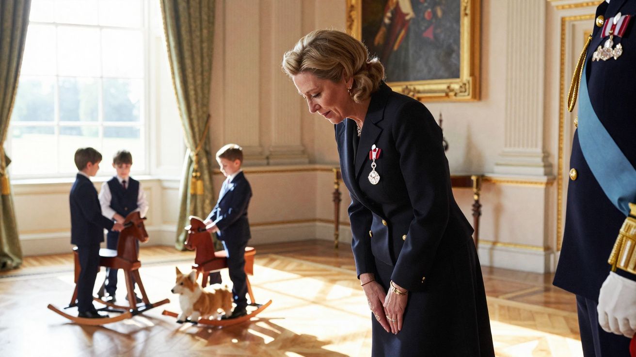 Mulher de cabelos claros de roupa formal curvada a interagir com três crianças em cavalinhos de baloiço numa sala elegante.