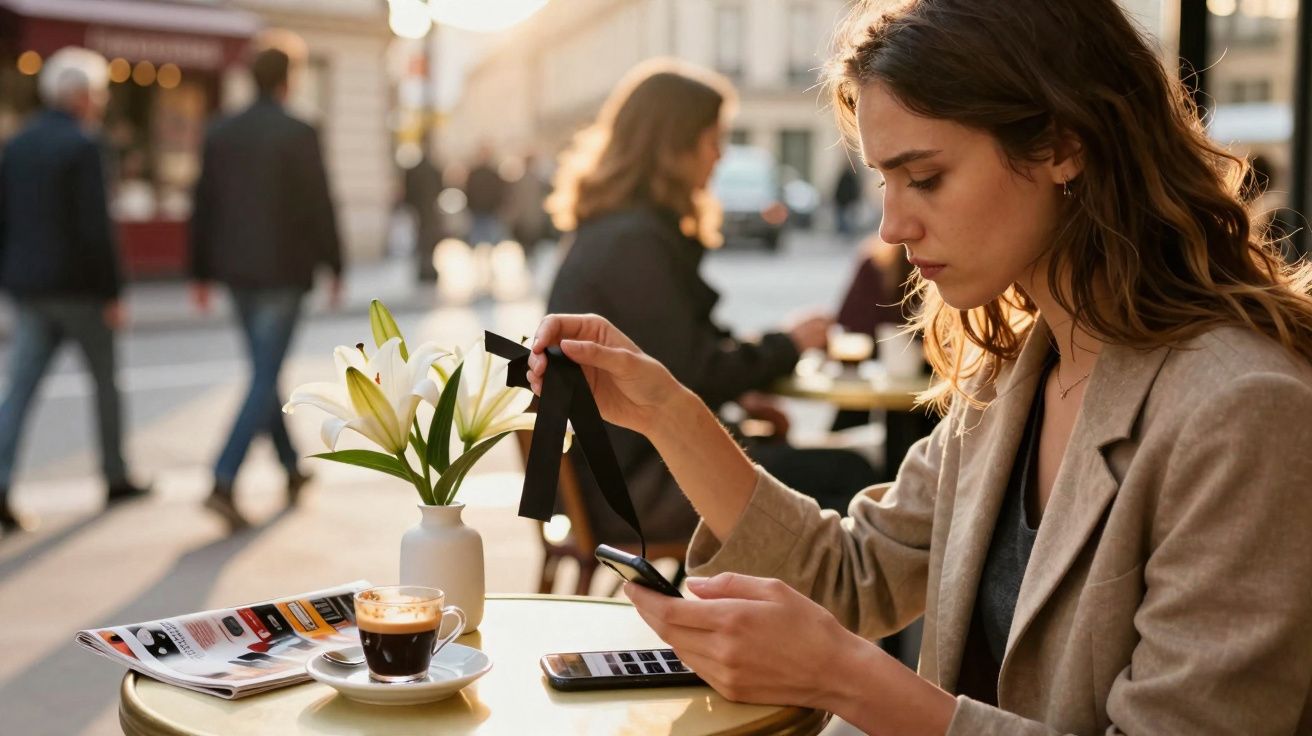Mulher sentada numa esplanada, a olhar para o telemóvel, com café e flores na mesa.