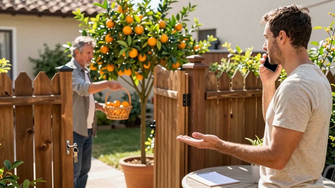 Homem novo ao telefone no portão de madeira aberto, homem idoso com cesta de laranjas no jardim.