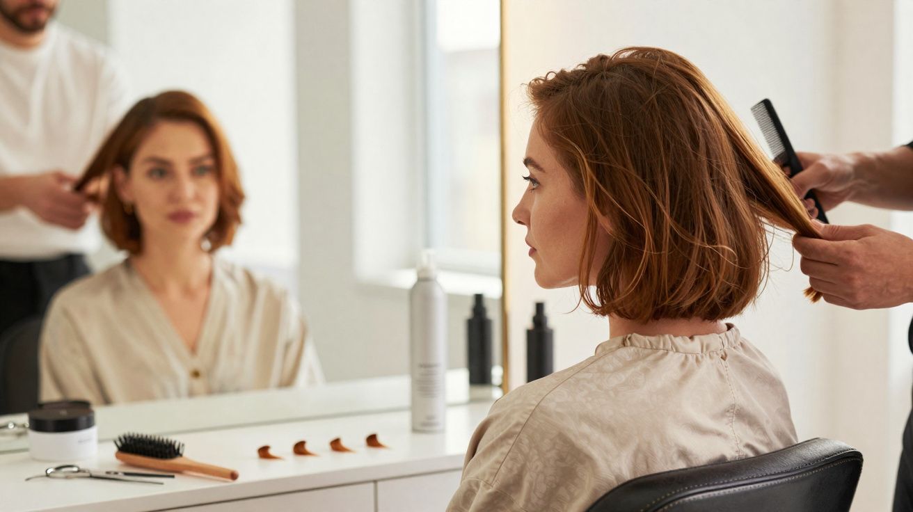 Mulher sentada num cabeleireiro a olhar para o espelho enquanto cabeleireiro penteia o seu cabelo curto.
