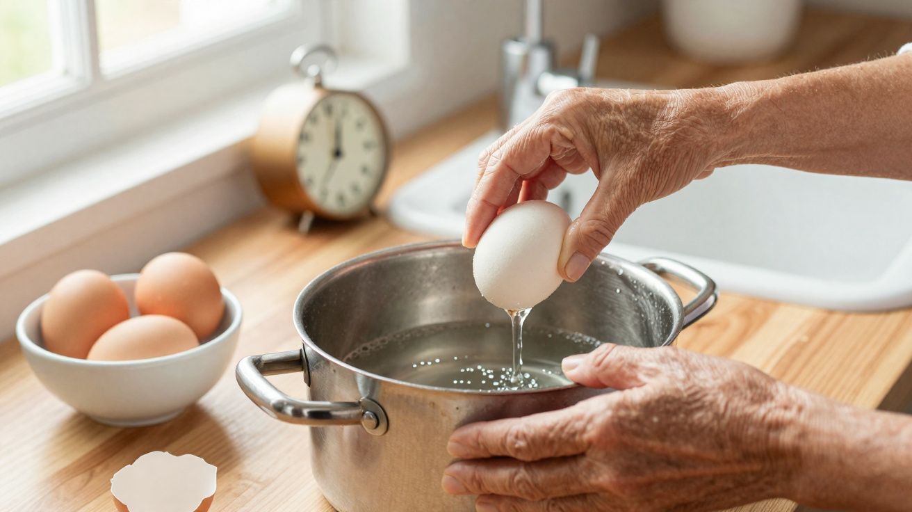 Mãos de idoso a partir um ovo sobre uma panela com água, e vários ovos numa taça junto à janela.