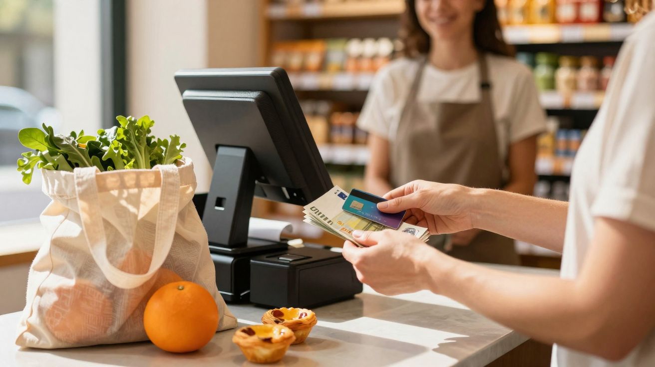 Cliente a pagar com cartão de crédito num supermercado com sacola de compras e frutas na banca.