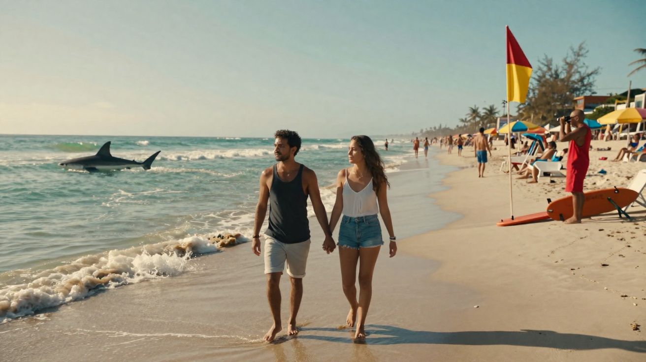 Casal a passear de mãos dadas na praia com um tubarão visível perto da costa.