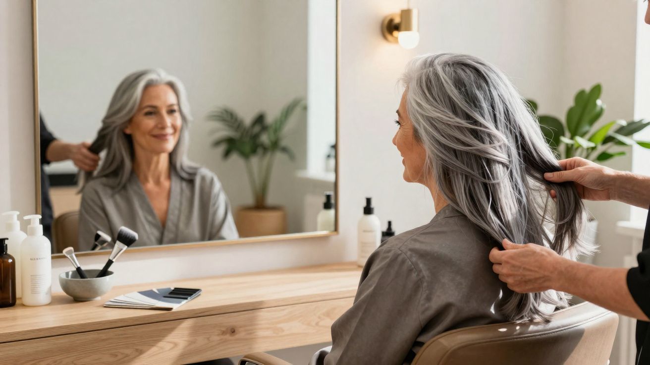 Mulher sénior com cabelo grisalho sentada num salão de beleza a ser penteada à frente de um espelho.