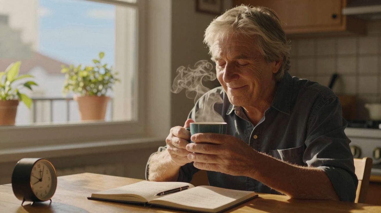Homem idoso sentado a beber chá quente enquanto lê um livro numa cozinha iluminada pela luz natural.