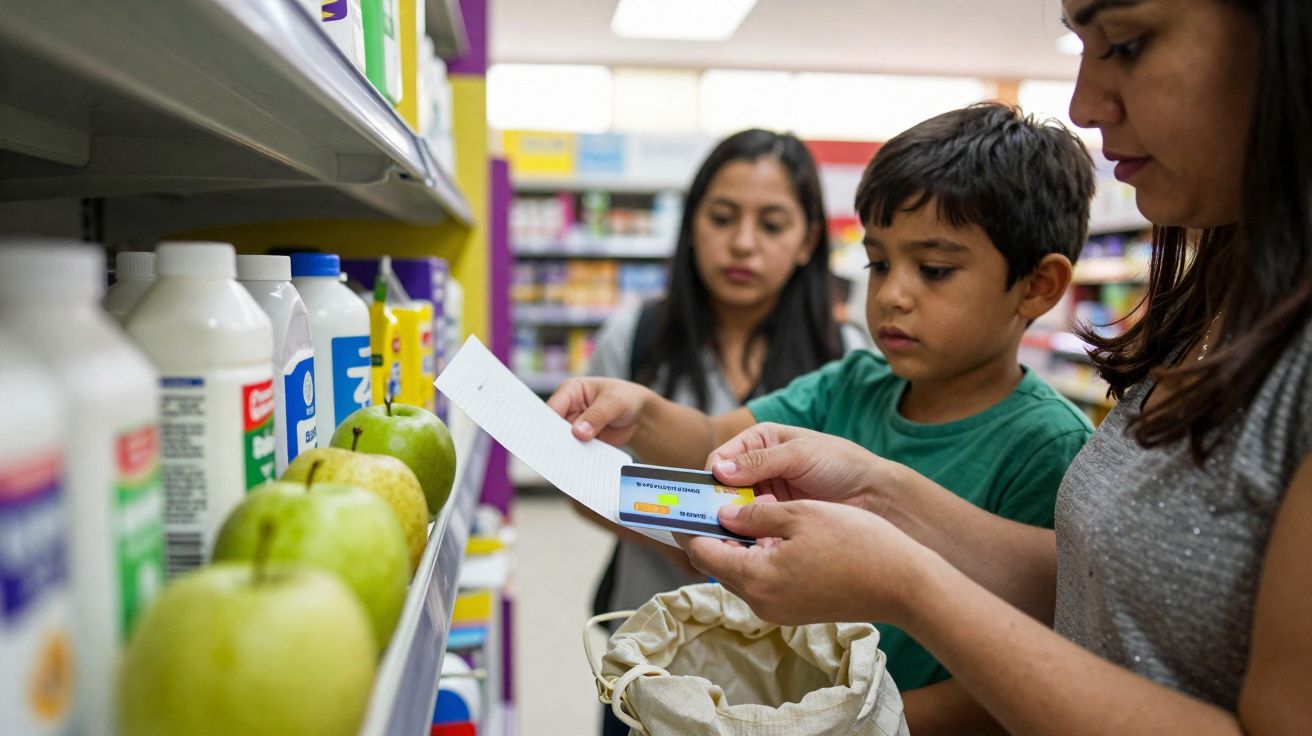 Mãe com filho e funcionária no supermercado, analisando uma lista de compras junto a maçãs numa prateleira.