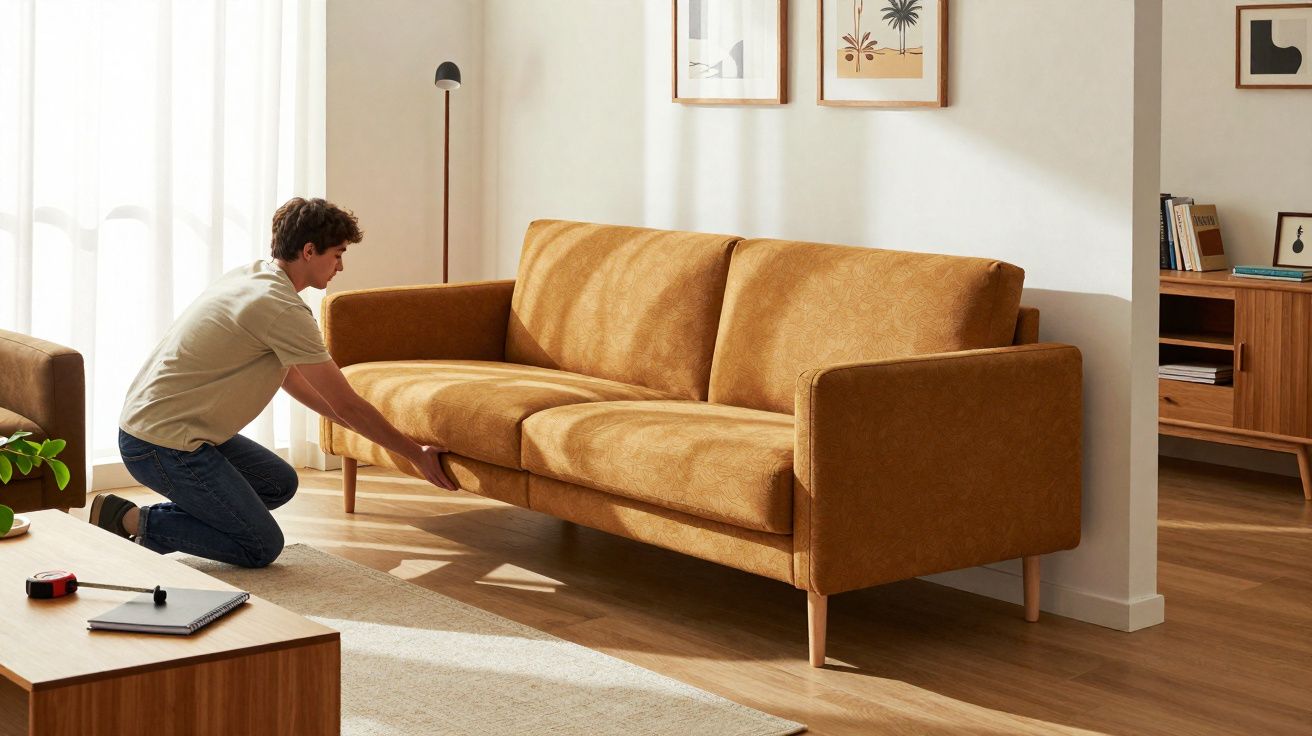 Homem ajusta sofá castanho na sala de estar luminosa com decoração moderna e móveis em madeira clara.