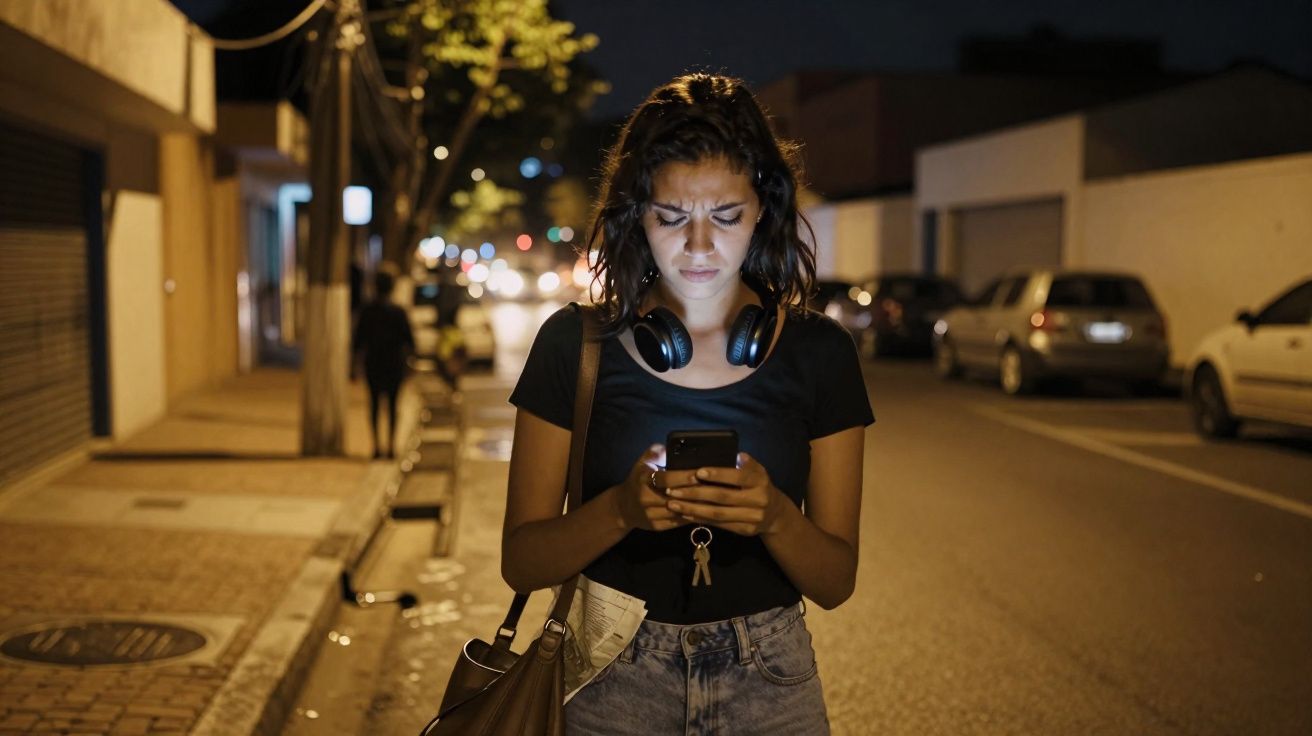 Mulher jovem com headphones no pescoço a olhar para o telemóvel numa rua iluminada à noite.
