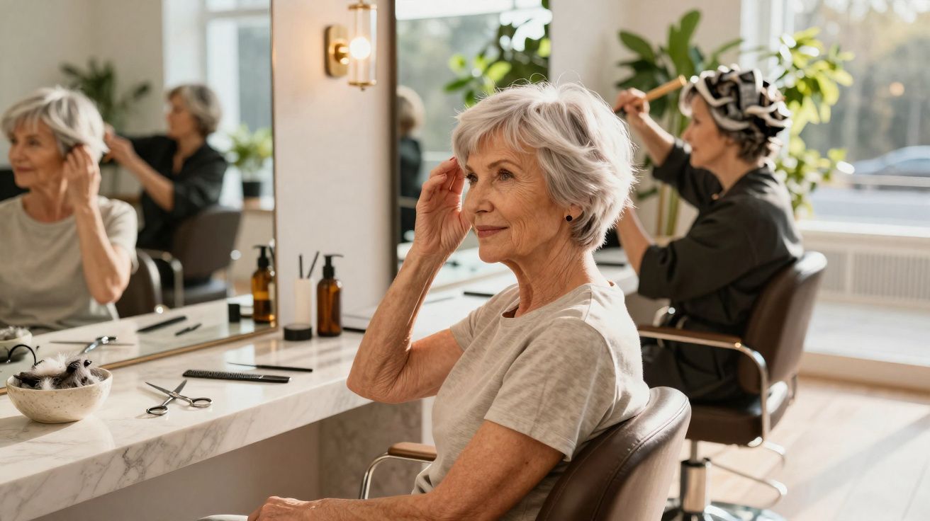Senhora idosa a sorrir sentada à frente do espelho num salão de cabeleireiro moderno e iluminado.