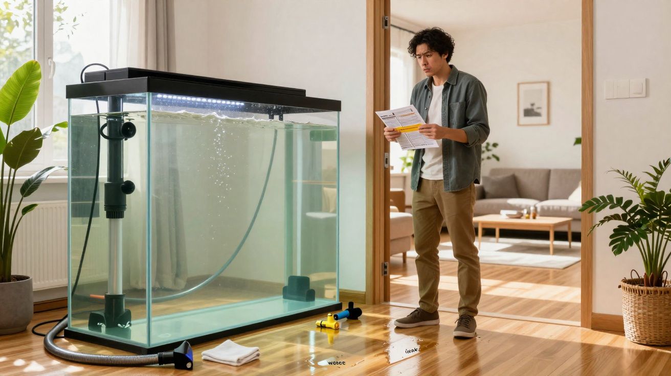 Homem a ler instruções ao lado de um aquário vazio em sala de estar iluminada e moderna.