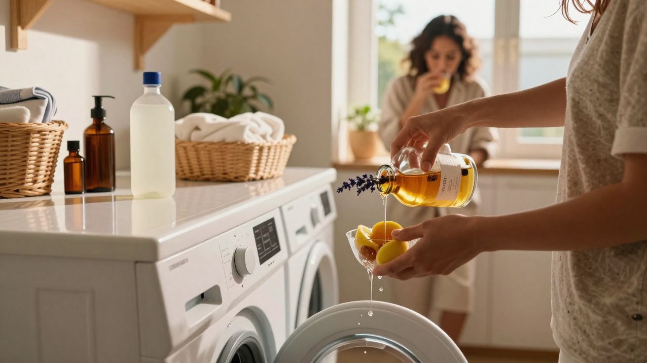 Pessoa a adicionar líquido aromatizado em máquina de lavar roupa, com outra pessoa ao fundo a beber sumo.