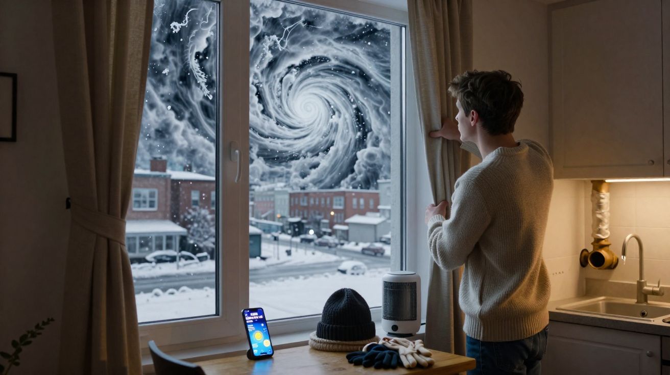 Pessoa olha pela janela para um redemoinho cósmico sobre uma cidade coberta de neve numa cena interior aconchegante.