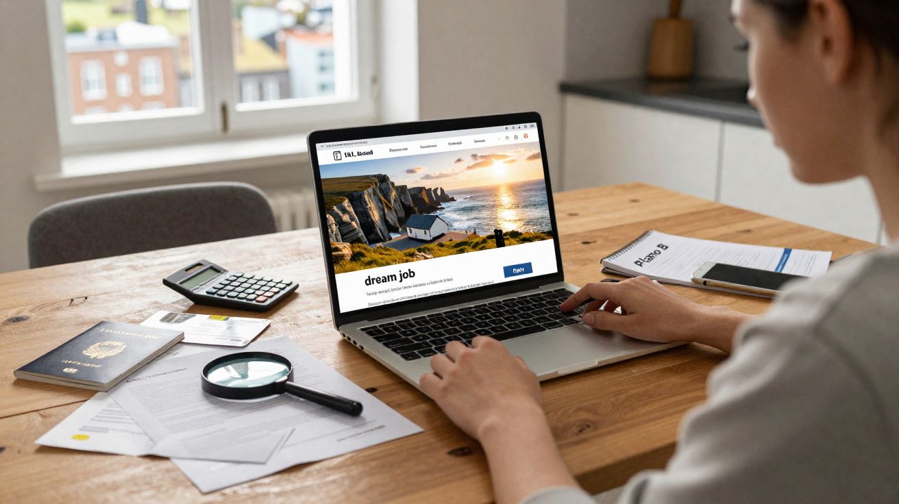 Pessoa a pesquisar emprego online num computador portátil numa mesa com documentos, passaporte e calculadora.