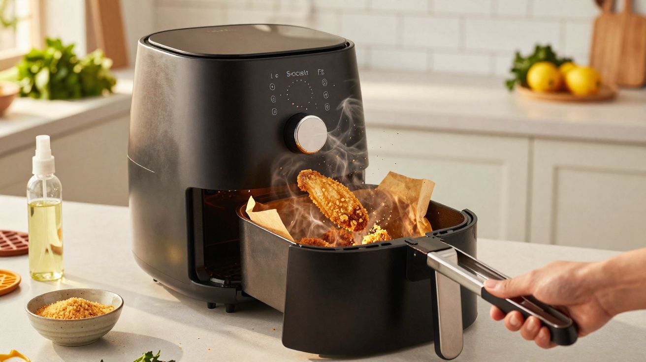 Frango frito a sair quente de uma fritadeira elétrica preta na cozinha moderna.