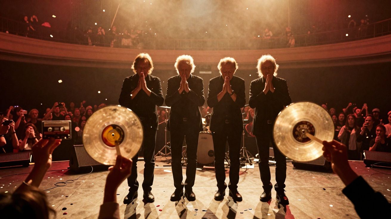 Quatro músicos no palco fazem reverência de mãos juntas, enquanto público aplaude e segura discos de vinil.