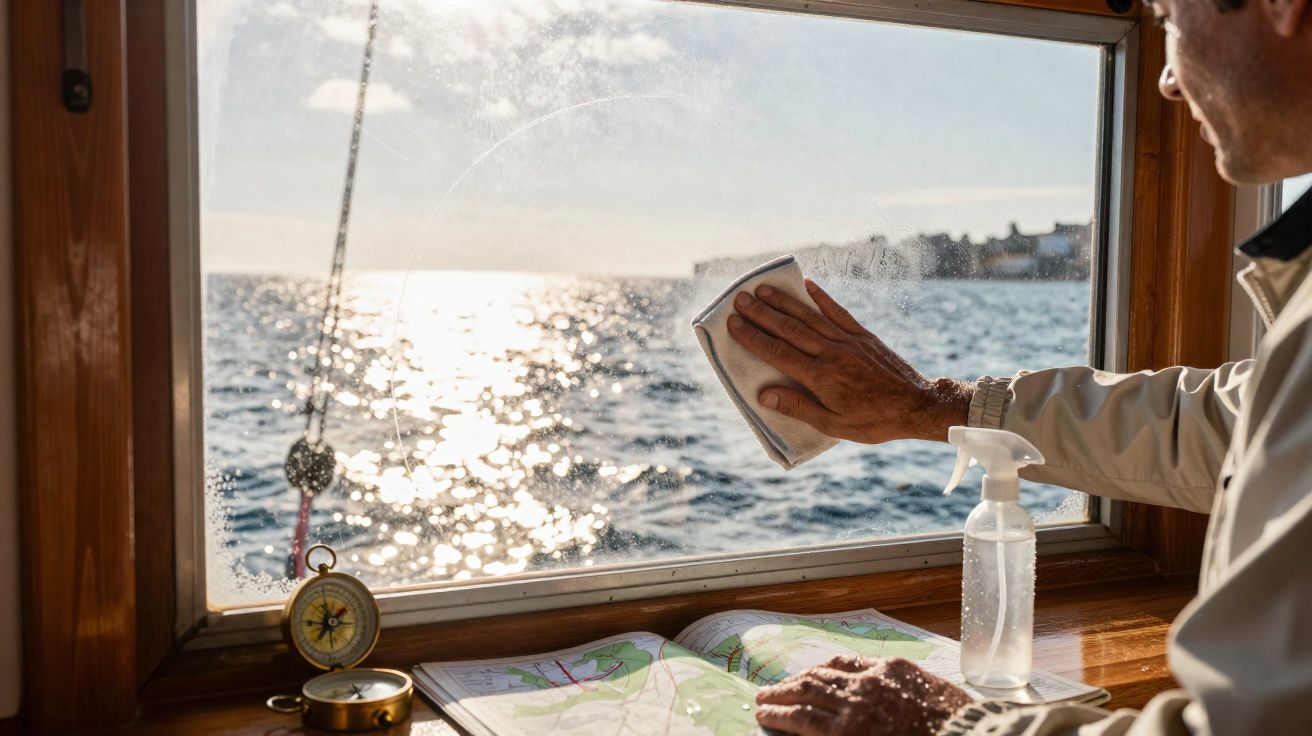 Pessoa a limpar a janela de um barco com vista para o mar ao pôr do sol, com bússola e mapa na mesa.