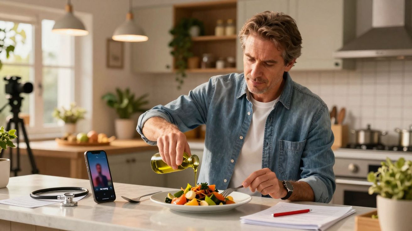 Homem de meia-idade a temperar uma salada com azeite na cozinha moderna durante videochamada no smartphone.