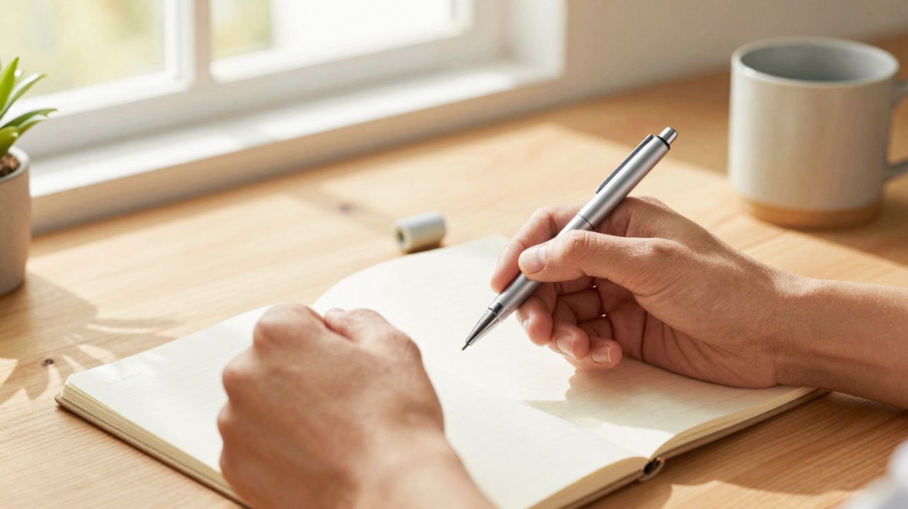 Pessoa a escrever à mão com caneta prateada num caderno aberto sobre mesa de madeira junto a caneca e planta.