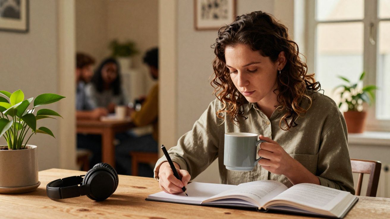 Mulher a beber chá e a escrever num caderno numa mesa de madeira, com auscultadores e plantas à sua frente.