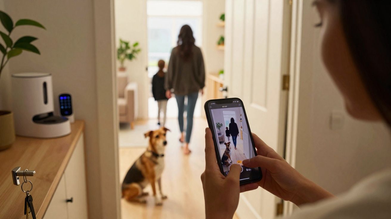 Pessoa a tirar foto com telemóvel de mulher e criança a sair de casa, com um cão sentado no corredor.