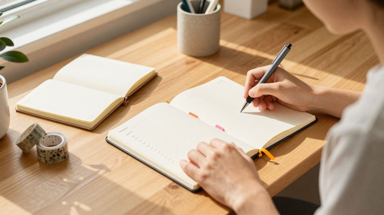 Pessoa a escrever num caderno aberto numa mesa de madeira com material de escritório e luz natural.