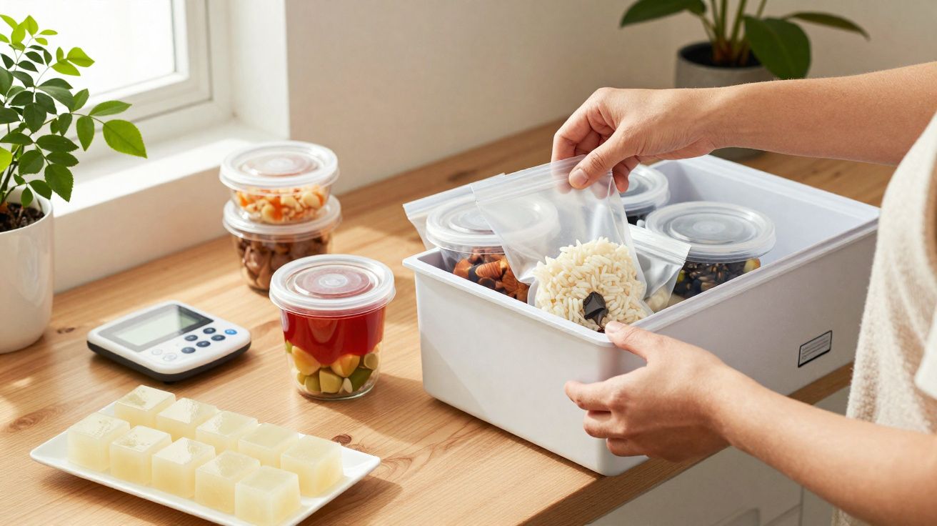 Pessoa a guardar alimentos em sacos reutilizáveis dentro de caixa plástica numa cozinha organizada.