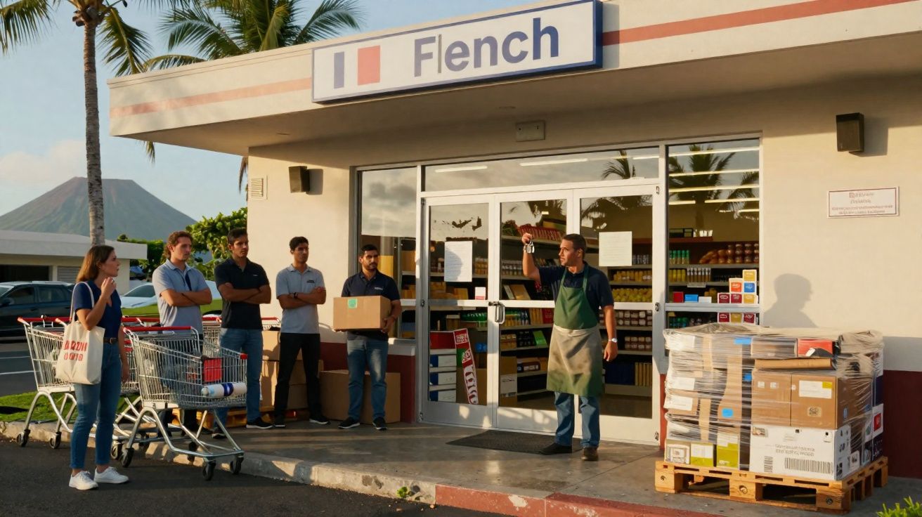 Homem com avental dá instruções a grupo junto à entrada de loja Flench com paletes e carrinhos de compras.