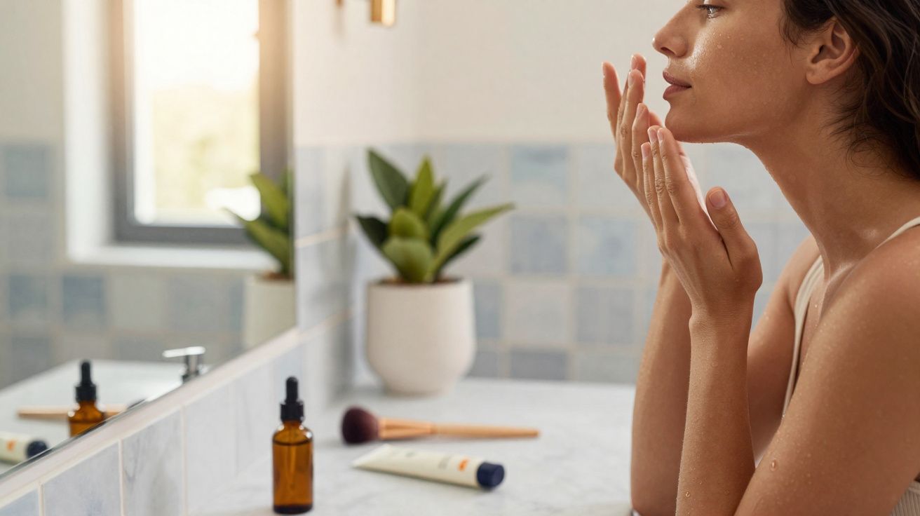 Mulher a aplicar creme no rosto junto ao espelho numa casa de banho com plantas e produtos de beleza.