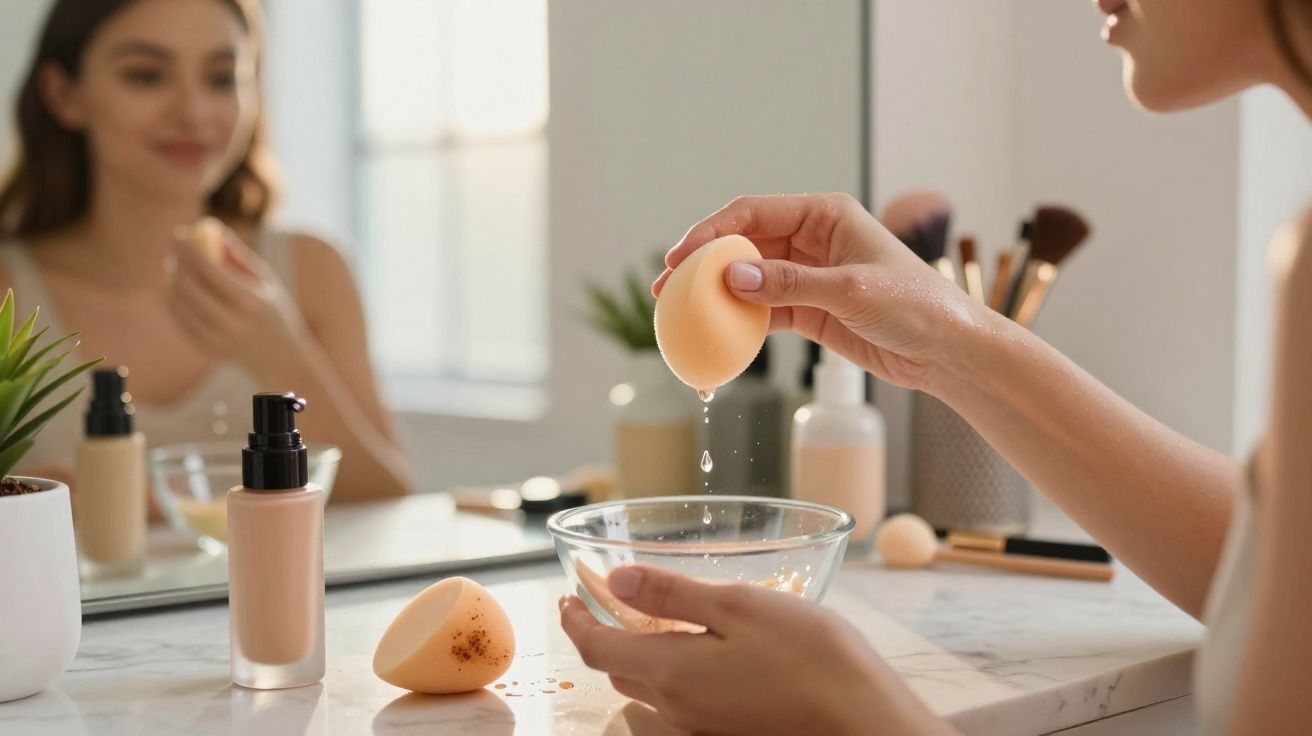 Pessoa a espremer molde de maquilhagem em taça de vidro à frente de espelho numa secretária branca.