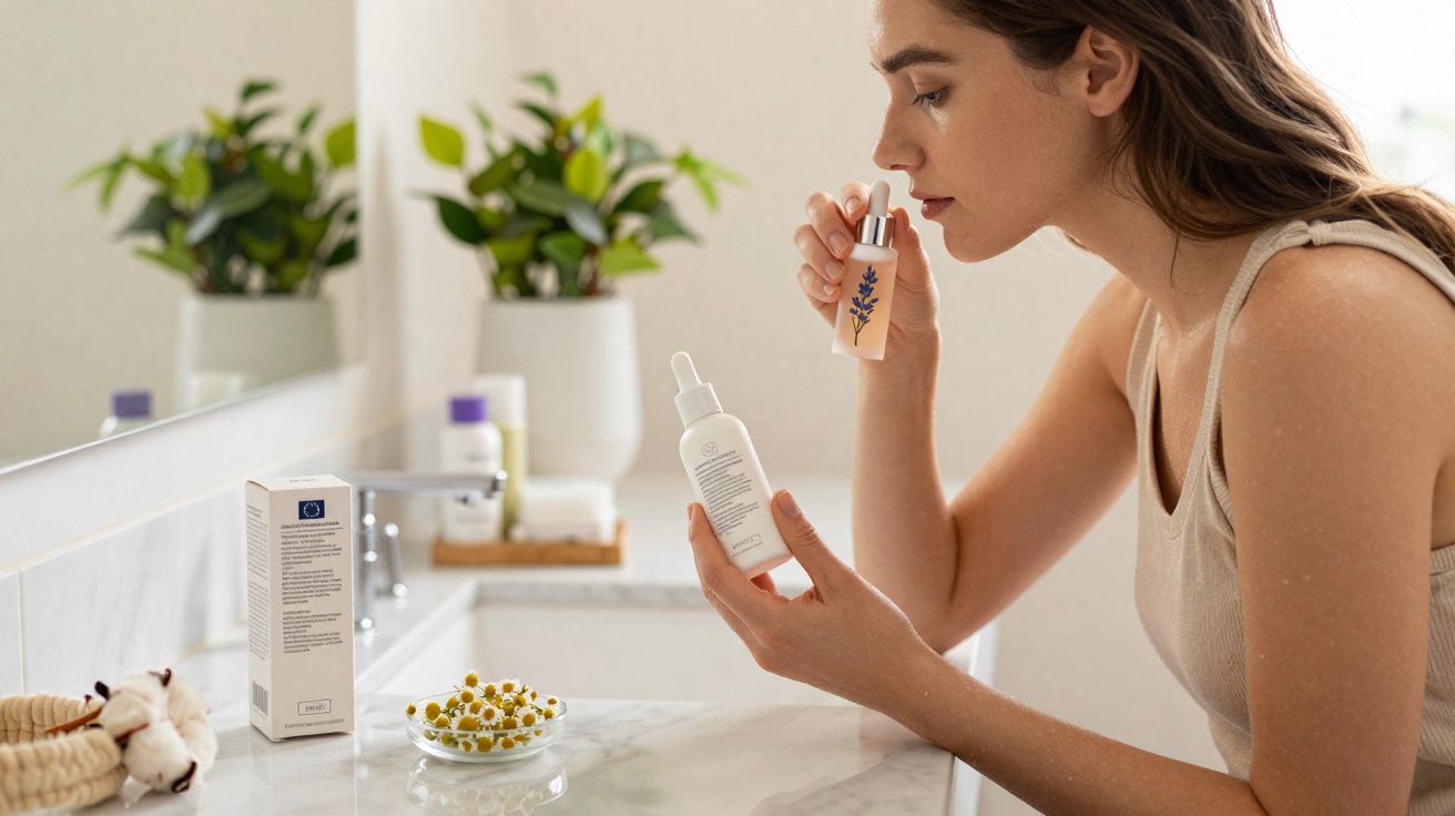 Mulher a cheirar frasco de óleo essencial numa casa de banho com plantas e frascos de cosméticos.