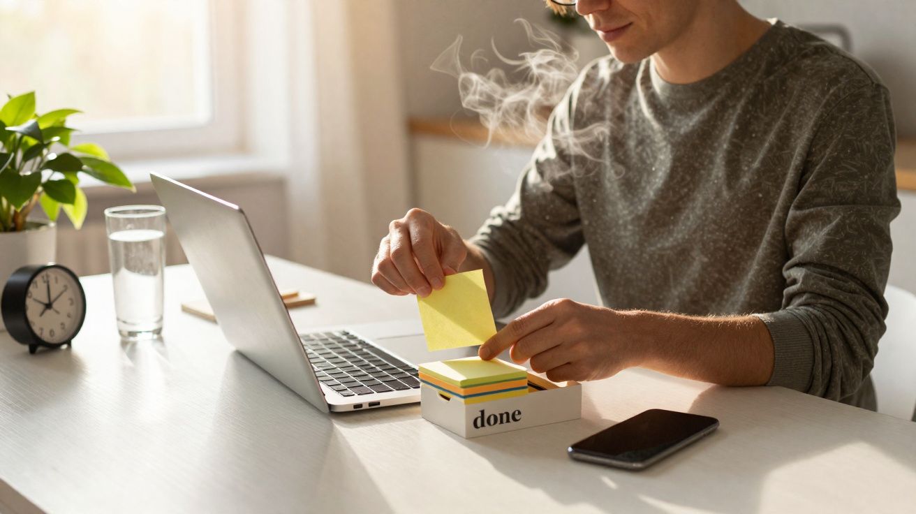 Pessoa a trabalhar num computador portátil, a pegar num post-it junto a um telemóvel num ambiente luminoso.