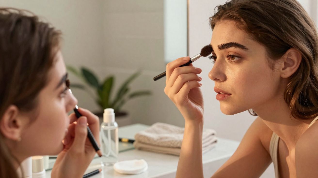 Mulher a aplicar maquilhagem com pincel, refletida em espelho num ambiente iluminado e tranquilo.