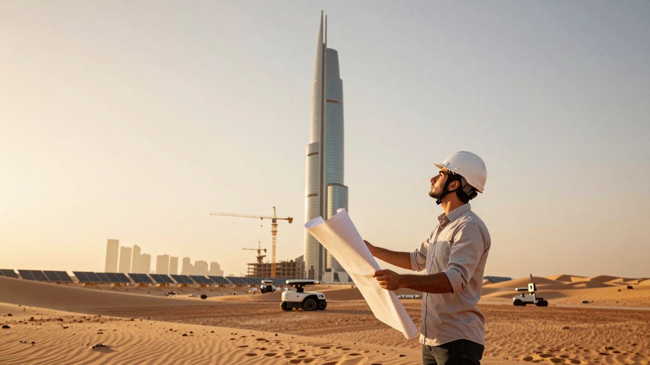 Engenheiro com capacete e plantas na mão observa arranha-céus e máquinas no deserto ao pôr do sol.