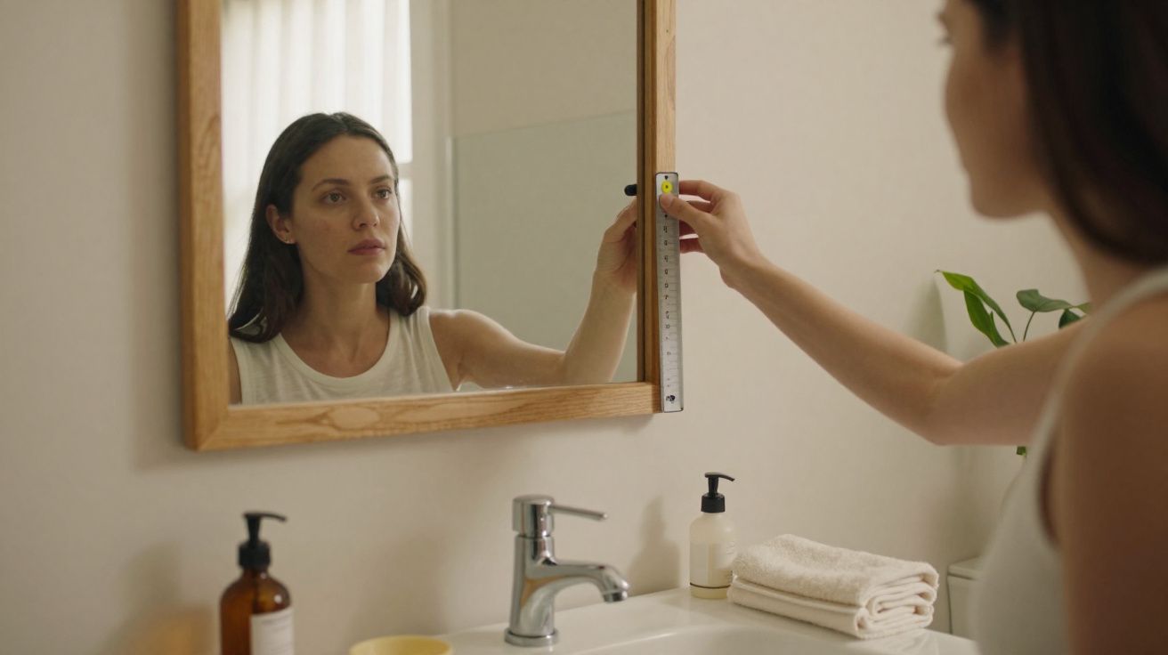 Mulher a medir a altura de uma moldura de espelho num banheiro com fita métrica.