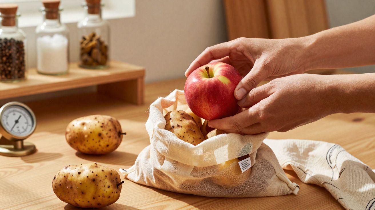 Mãos a colocar uma maçã vermelha num saco reutilizável com batatas, sobre uma mesa de madeira clara.