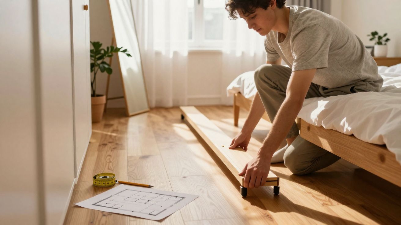 Homem a medir comprimento de uma tábua com fita métrica numa divisão acolhedora e iluminada.