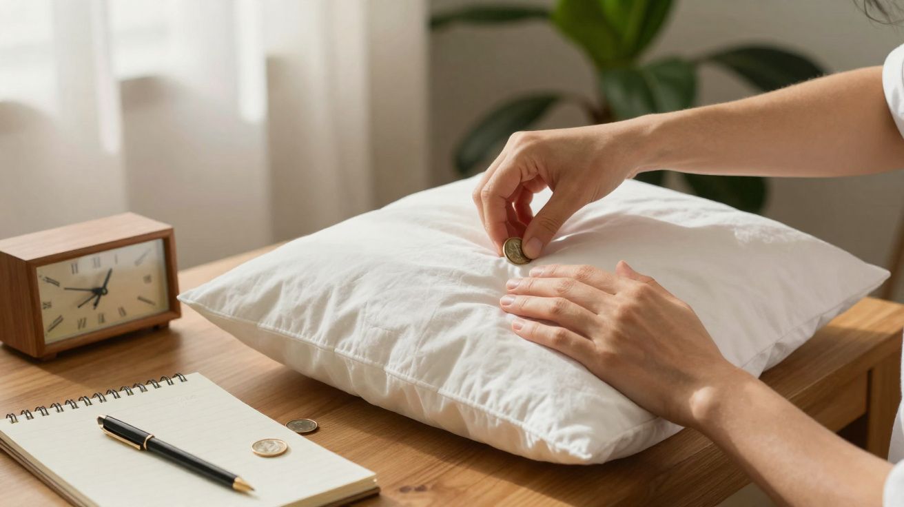 Mãos a colocar uma moeda de euro numa almofada sobre uma mesa com bloco de notas e relógio analógico.